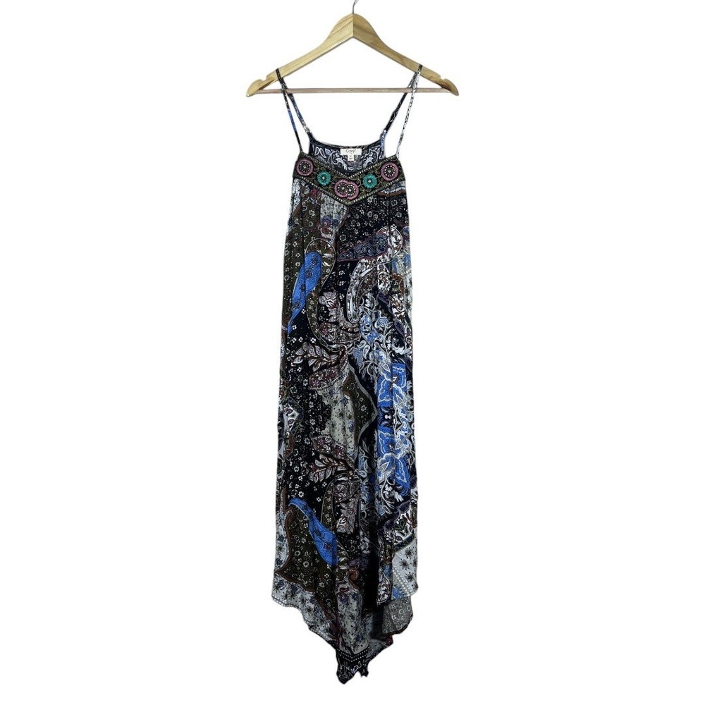 Ganji LA Boho Paisley Handkerchief Hem Maxi Dress Multi Color Festival Size S